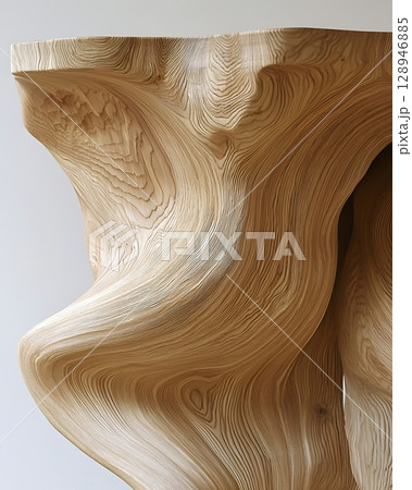 A wooden sculpture of a woman's body with a curved shape 128946885