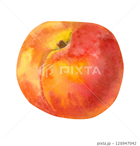 watercolor illustration of a ripe peach. Fresh, juicy peach with a natural, organic look, isolated on a white background. 128947042