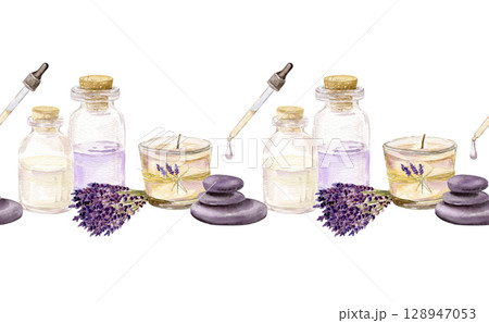 Watercolor seamless border wirh aroma stones, bouquet with lavender, bottles with essential oil, aroma candle Watercolor seamless border wirh aroma stones, bouquet with lavender, bottles with essential oil, aroma candle 128947053