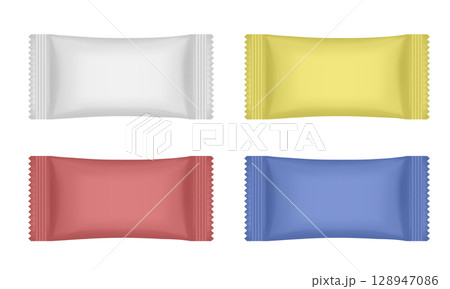 Set of white, yellow, red and blue flow packs. Chocolate bar or ice cream wrapper 128947086