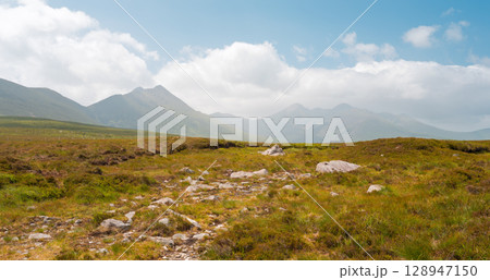 A grassy landscape with some rocks in the near distance and mountains in the far distance, under a cloudy sky. It is in Strickeen, which is in County Kerry, Ireland. 128947150