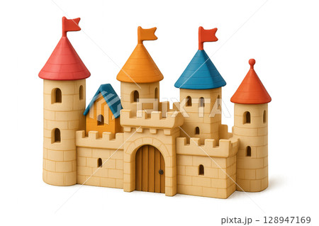 Colorful Plastic Castle Toy With Flags and Turrets for Imaginative Play in a Childs Room 128947169