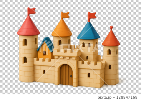 Colorful Plastic Castle Toy With Flags and Turrets for Imaginative Play in a Childs Room 128947169