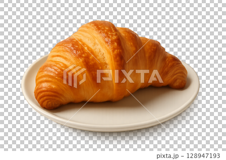 Freshly Baked Buttery Croissant Served on a White Plate in a Cozy Kitchen Setting During Breakfast Time 128947193