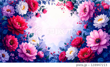 水彩で描いたアスターのフレームとボタニカルな背景素材 水彩で描いたアスターのフレームとボタニカルな背景素材 128947213