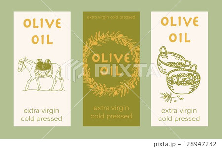 Olive oil label. Hand drawn frame - wreath of olive branches, baskets of olives, donkey carrying amphoras. Organic or artisanal product labels, branding, food packaging 128947232