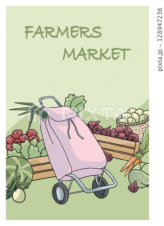 Farmers market poster with shopping trolley and vegetables  128947236