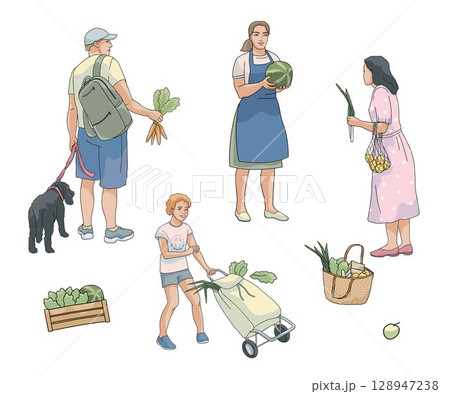 standing isolated peoples shopping at a farmer's market, man with dog, woman with basket, vendor holding watermelon, boy with grocery cart  128947238