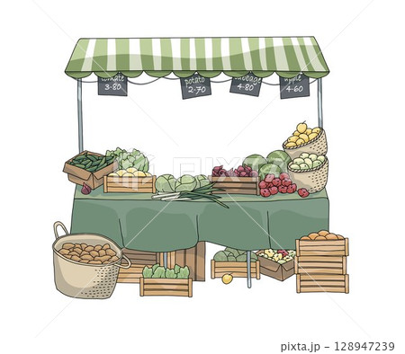 Market stall is filled with organic produce. use in eco-friendly, local food, farming, family lifestyle templates 128947239