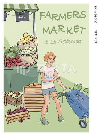 Farmers market poster,  boy with shopping trolley and market stall filled with vegetables  128947240