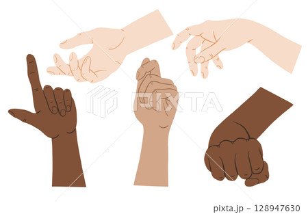 African, Asian, European Hand Holding Gestures Flat Vector Illustration Set 128947630