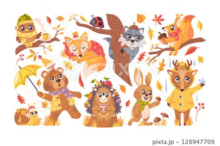 Cute autumn animal and bird characters with fallen leaves and dry yellow grass decoration set 128947709