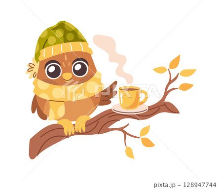 Owl autumn bird sitting branch 128947744