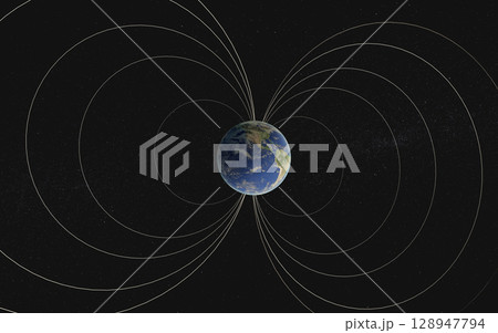 Earth appears encased in sweeping magnetic field lines that arc from pole to pole, forming protective loops. 128947794