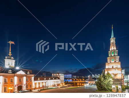 The ancient leaning red brick Syuyumbike Tower at night on the territory of the Kazan Kremlin. Russia 128947837