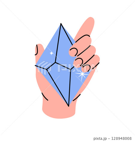 Hand holding a magic crystal. Spirituality crystal. Mineral, precious stone or gem. Vector illustration. Hand holding a magic crystal. Spirituality crystal. Mineral, precious stone or gem. Vector illustration. 128948008