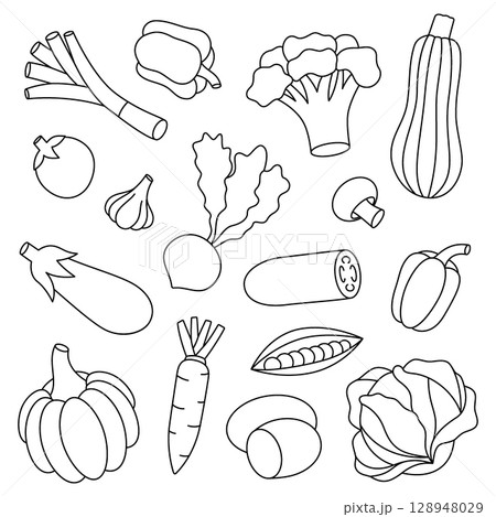 Outline vegetables symbols. Fresh organic vegetables. Healthy eating. Vector illustration. 128948029