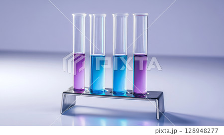 Test tubes filled with blue and purple liquid prepared for a chemistry experiment in a laboratory setting 128948277