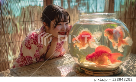 水槽を泳ぐ金魚と浴衣を着た女性 128948292