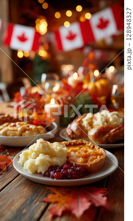 Thanksgiving dinner table set with roast turkey and side dishes in a cozy autumn setting 128948327