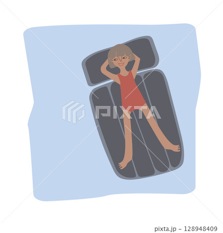 Tanned girl with bob cut swims in pool or sea on inflatable mattress. Square scene. Vector illustration for advertisement, poster, postcard or brochure about your tourist complex 128948409