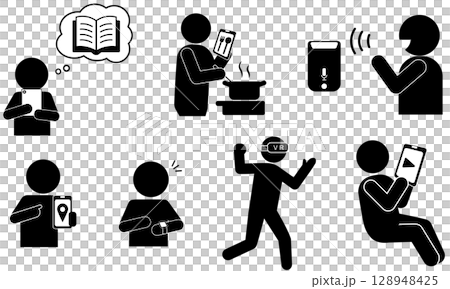 現代のデジタルライフスタイルとテクノロジー活用を表現したピクトグラム 128948425