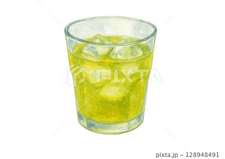 ロックグラスの抹茶ドリンク（PNG切り抜き） 128948491