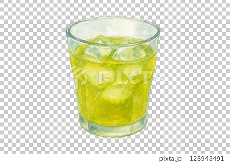 ロックグラスの抹茶ドリンク（PNG切り抜き） 128948491