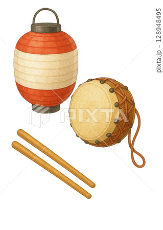 提灯と太鼓の夏祭りセット（PNG切り抜き） 128948495