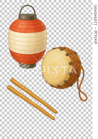 帶有燈籠和鼓的夏季節日套裝(PNG 剪貼圖) 帶有燈籠和鼓的夏季節日套裝(PNG 剪貼圖) 128948495