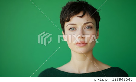 An individual with short hair looking confidently at the camera 128948540
