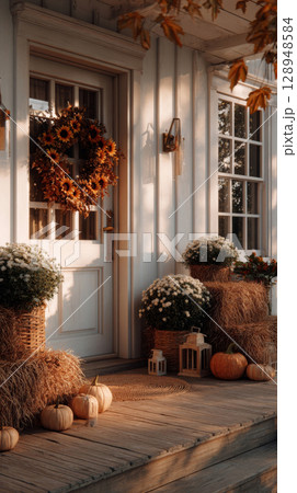Celebrate Thanksgiving with a vibrant orange wreath adorned with pumpkins and fall leaves 128948584