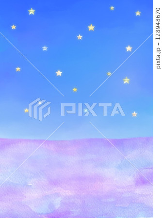 星がキラキラ輝く夜空の下にラベンダー畑が広がるロマンティックな背景素材。水彩イラスト。 128948670