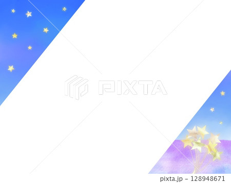 星空の下に広がるラベンダー畑と星形の風船の可愛い星空フレーム。ロマンティックな雰囲気の水彩イラスト。 星空の下に広がるラベンダー畑と星形の風船の可愛い星空フレーム。ロマンティックな雰囲気の水彩イラスト。 128948671