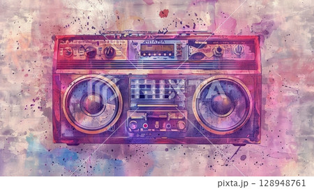 A watercolor painting of a vintage boombox set against a grainy textured background in shades of pink and purple. The album title and artist name are written in cursive script addin 128948761