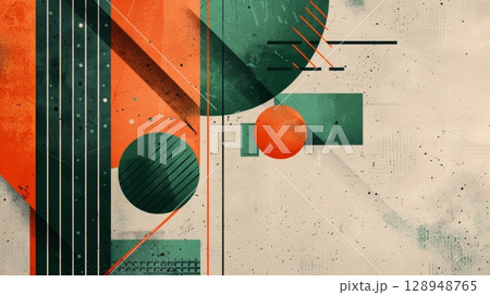 Vibrant pops of neon orange and green stand out against a grainy monochromatic background in this retro tech design. The use of muted colors adds a sense of aged technology to the overal 128948765