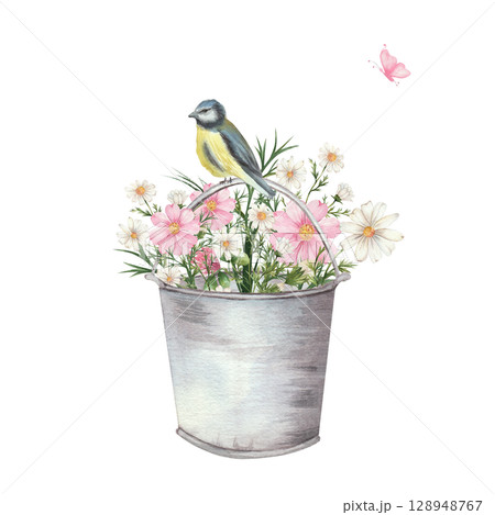 Watercolor illustration of a metal bucket filled with pink and white wildflowers. A small bird sits on the handle, and a pink butterfly flies nearby. White background, rustic floral design 128948767