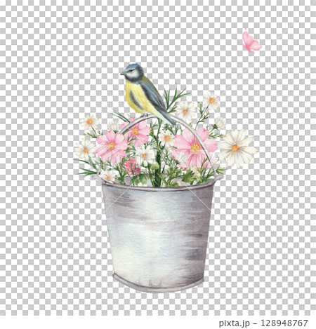 Watercolor illustration of a metal bucket filled with pink and white wildflowers. A small bird sits on the handle, and a pink butterfly flies nearby. White background, rustic floral design 128948767