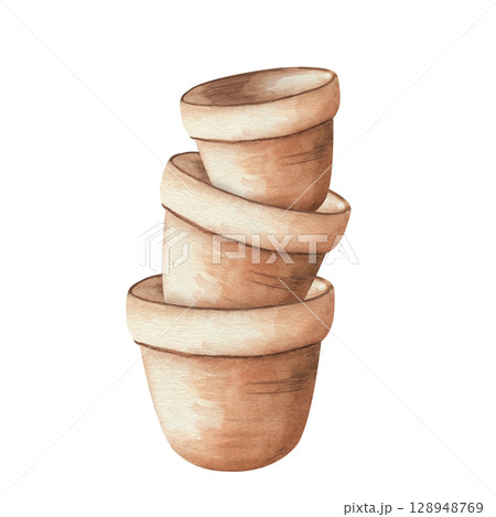 Watercolor illustration of a stack of three clay flower pots on a white background. Perfect for gardening designs, cards, posters, and botanical projects 128948769