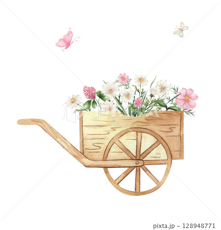 Watercolor illustration of a wooden wheelbarrow filled with wildflowers, daisies, clover, and cosmos, with butterflies on a white background. Perfect for garden, floral, and rustic designs 128948771
