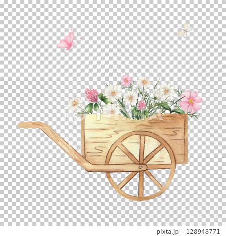 Watercolor illustration of a wooden wheelbarrow filled with wildflowers, daisies, clover, and cosmos, with butterflies on a white background. Perfect for garden, floral, and rustic designs 128948771