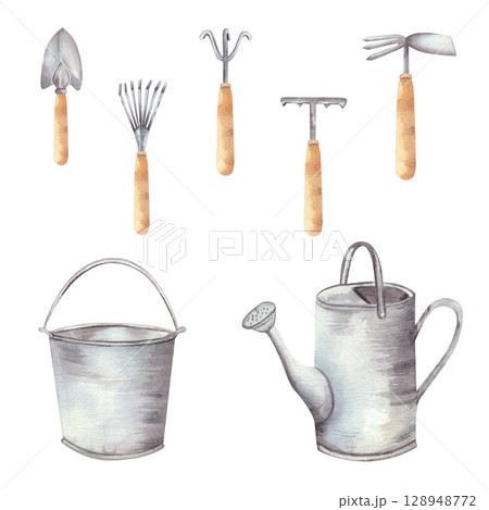 Watercolor illustration of gardening tools: trowel, rake, cultivator, hoe, bucket, and watering can. Isolated on white background. Perfect for gardening designs and botanical projects 128948772