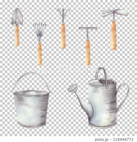 Watercolor illustration of gardening tools: trowel, rake, cultivator, hoe, bucket, and watering can. Isolated on white background. Perfect for gardening designs and botanical projects 128948772