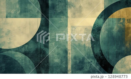 A fusion of grainy textures and muted gradients give this design a vintage yet modern feel. The color palette of faded blues and earthy greens adds to the retro tech aesthetic 128948773