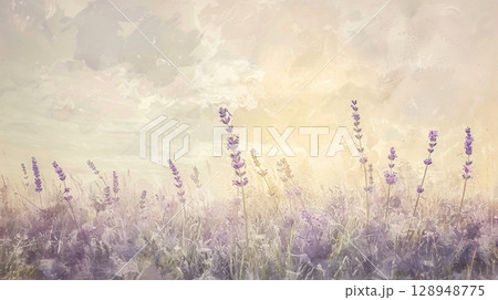 Soft and airy visuals with a textured summer sky in shades of lavender lilac and pale yellow creating a calming and serene atmosphere 128948775