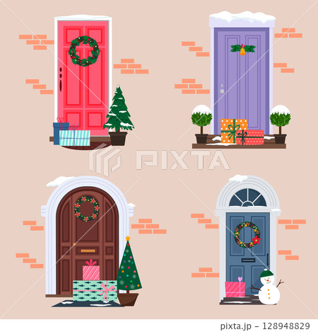 Decorative Christmas doors with wreaths, snow and gifts. Cityscape with fir trees and snowman. Set of illustrations with doors. Christmas and New Year. Winter holiday concept for greeting card. 128948829