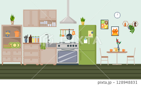 Modern kitchen interior. Cabinets, shelves and cupboards modern design. Refrigerator, table and chairs, cups on the table. Stove and hood. Plants and paintings for coziness. Home life concept. Modern kitchen interior. Cabinets, shelves and cupboards modern design. Refrigerator, table and chairs, cups on the table. Stove and hood. Plants and paintings for coziness. Home life concept. 128948831