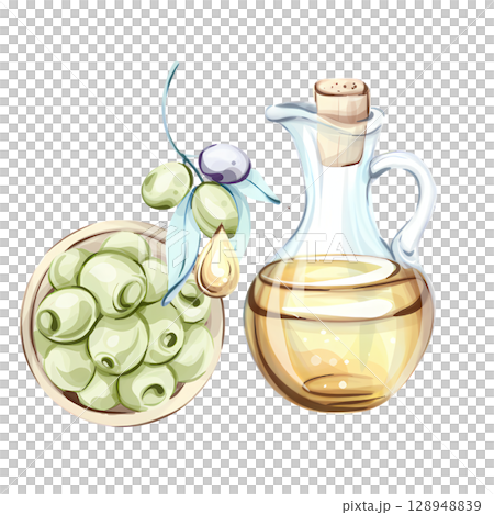 Discover the elegance of olives and olive oil in a beautiful watercolor illustration showcasing Italian culinary traditions 128948839
