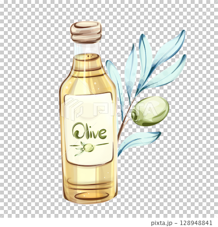 Exploring the allure of olives and olive oil through vibrant watercolor illustrations of nature and culinary delights 128948841