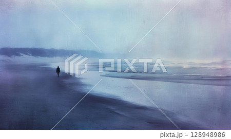 The grainy texture of the sand in this beach scene gives it a raw and natural feel. Against a soft gradient of blue and purple sky a lone figure can be seen walking along the shorelin 128948986